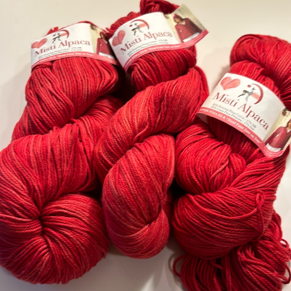 NWT Tonos Pima Silk DK yarn from Misti Alpaca. Bundle of 3 hanks in red.
